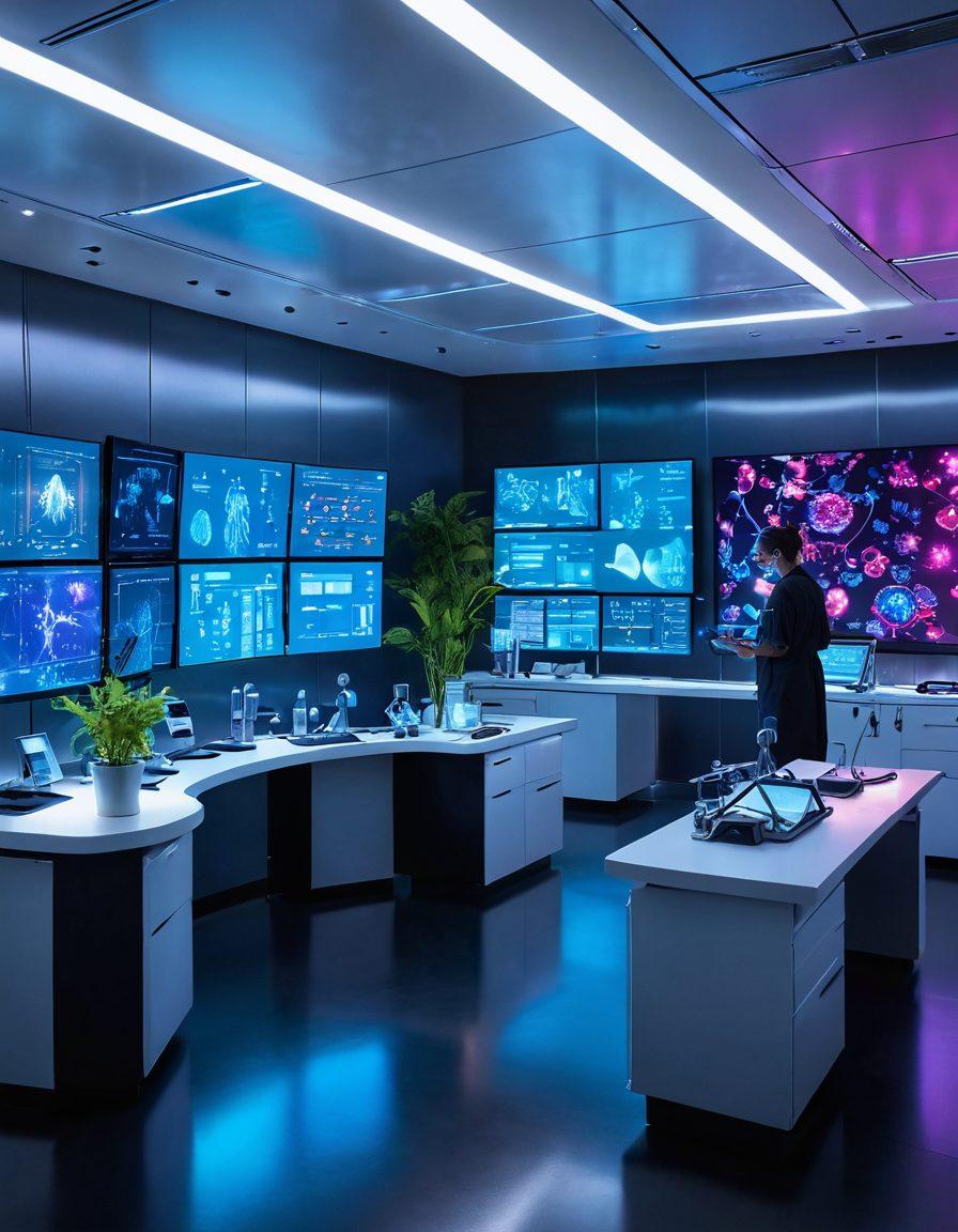 A futuristic laboratory showcasing advanced oncology research, with scientists conducting experiments under vibrant, colored lighting. Show high-tech equipment, digital screens displaying cancer treatment data, and innovative therapy tools scattered around the lab. Incorporate elements of hope, such as plants or glowing symbols of healing. The background should have a modern aesthetic with clear glass and chrome elements. super-realistic. vibrant colors.